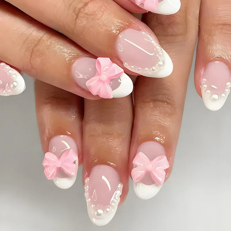24Pcs Almond Blush Press On Nails Sweet Heart Diamond Cute Bow European American Style Self Adhesive Reusable False Nails For Women Girls Daily Party Manicure Supply