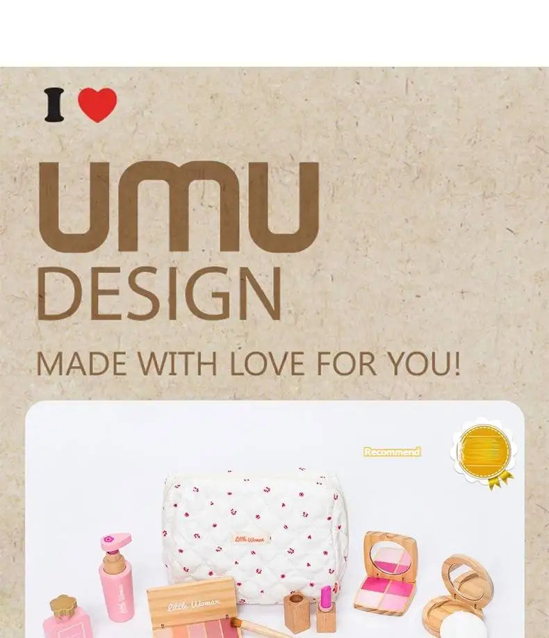 Kids' Pretend Makeup Toy Wooden Role‑play Dress‑up Vanity Gift Makeup Bag Set for Girls