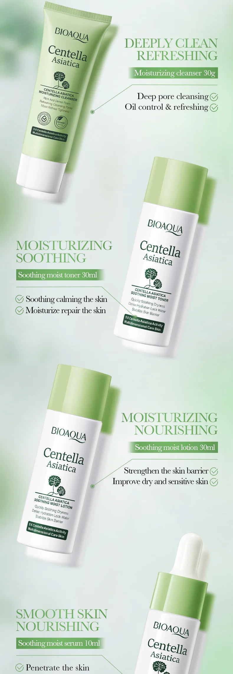 5pcs/set BIOAQUA Centella Asiatica Skin Care Sets Moisturizing Facial Cleanser Face Cream Serum Anti-Aging Facial Skin Care Kit