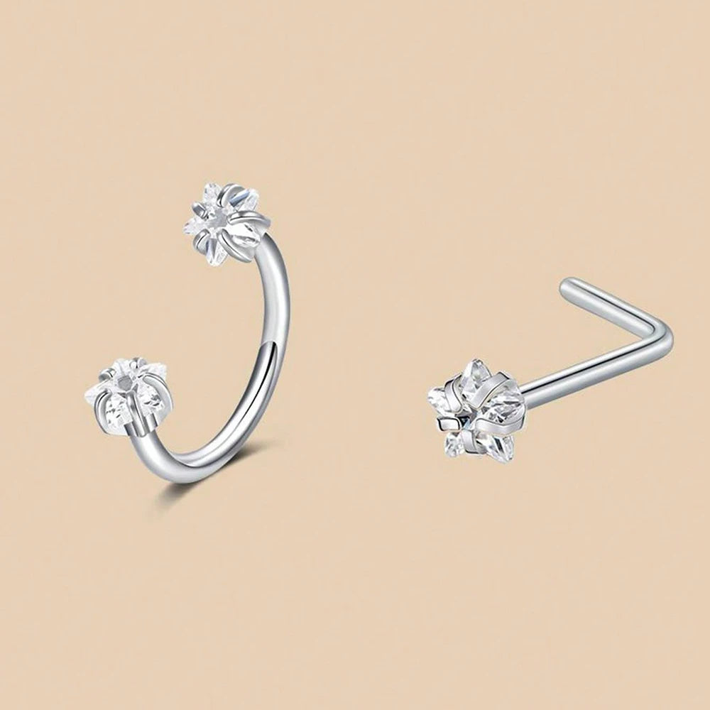 6/2pcs Horseshoe Nose Rings With L-Shape Nose Stud, Stainless Steel Rianbow CZ Nose Ring,, Lip Eyebrow Helix Ear Piercing