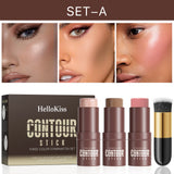 4-Piece Contour Stick Set with Highlighter, Blush & Bronzer Plus Golden Powder Brush - Waterproof Cream for All Tones, Shimmery.