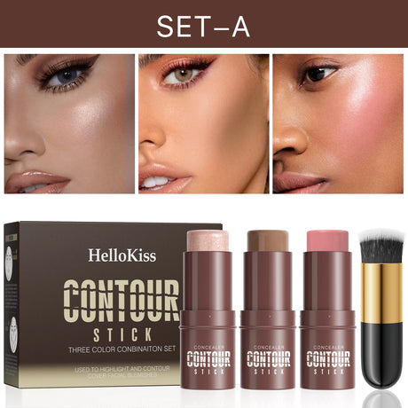 4-Piece Contour Stick Set with Highlighter, Blush & Bronzer Plus Golden Powder Brush - Waterproof Cream for All Tones, Shimmery.