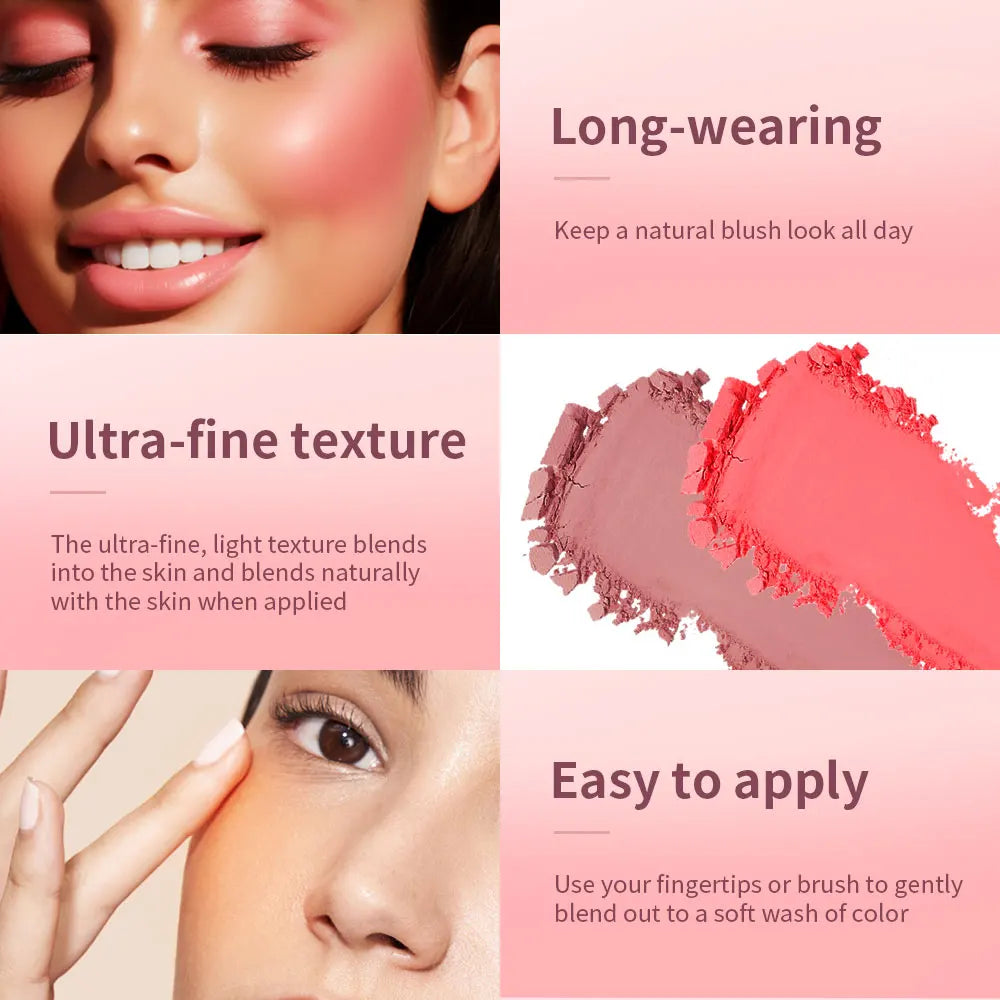 2pcs Matte Embossed Blush & Brush Long Lasting High Pigmented Multi-Purpose Blush Palette Pink Natural Color Rendering Cosmetics
