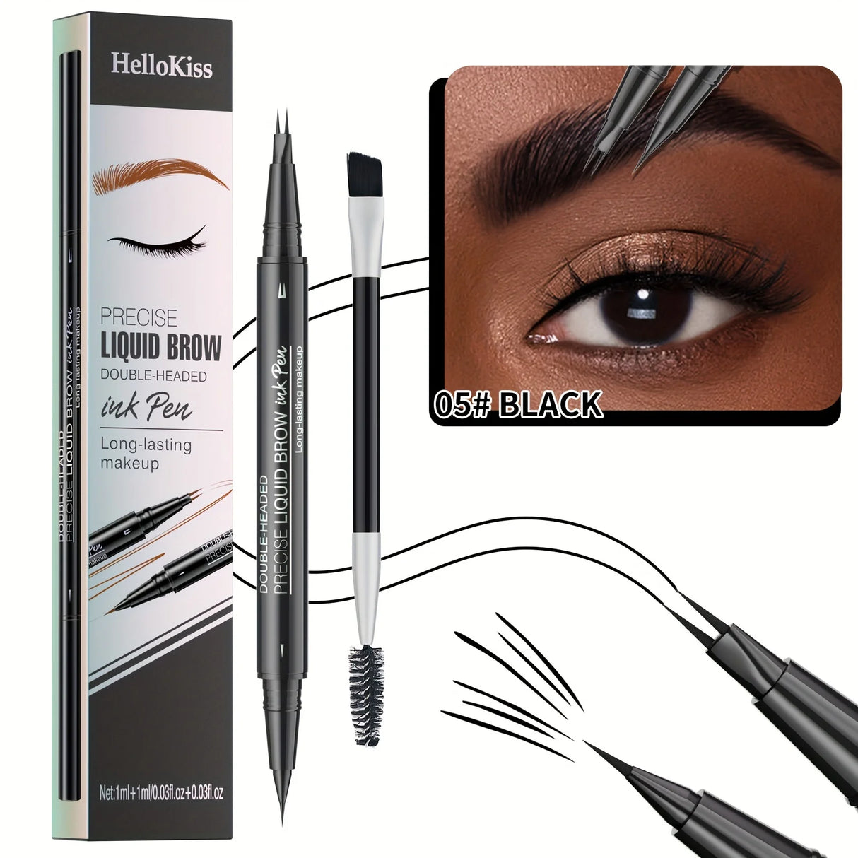 Waterproof Dual-Tip Liquid Eyebrow Pencil, Available in Light Brown, Brown, Dark Brown, Dark Black, and Black, Multi-Pack, for Natural Eyebrow Makeup, Quick-Drying, Sweat-Proof, Smudge-Proof, with Eyebrow Brush, Dual-Tip Liqu