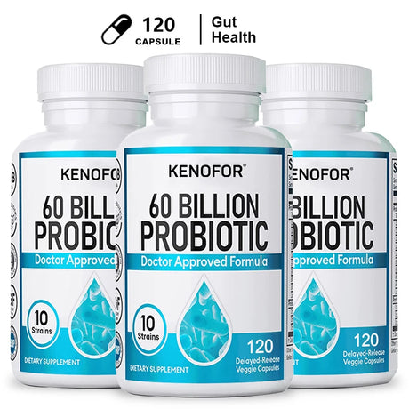 60 Billion CFU Probiotic Capsules with 10 Strains and Organic Prebiotic Fiber, Daily Digestive Wellness Supplement, 120 Count