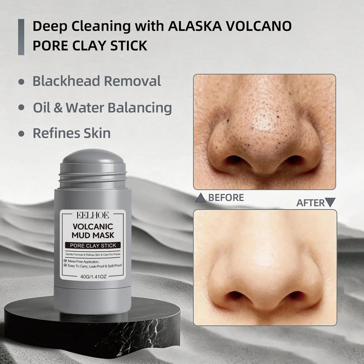 Alaska Volcano & Green Tea Deep Pore Cleansing Mask Stick Blackhead Remover&Oil Control Exfoliating Clay Mask for All Skin Types