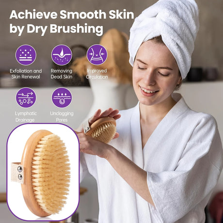 Lymphatic contour facial brush, pig mane body dry brush, exfoliating and blood activating body massage brush, facial brush