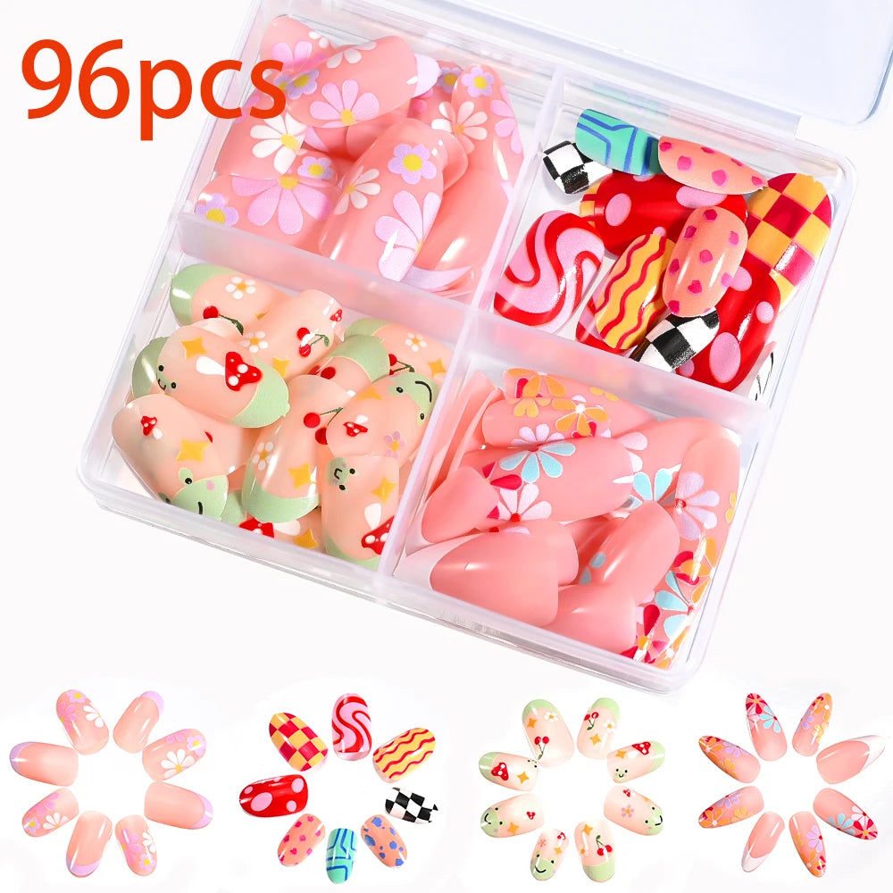 576pcs/Box Colorful Fake Nails Black Red Design Fake Nail Oval Short Square Press On False Nails Mixed Full Cover Nail Tips