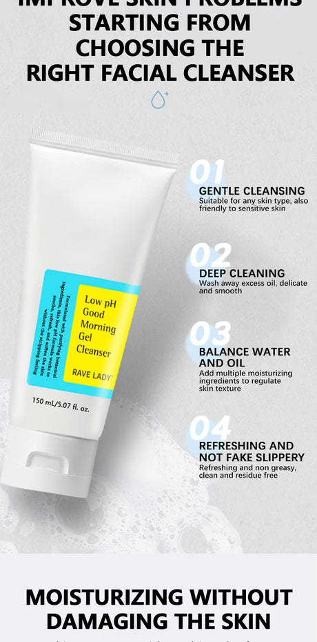 RAVE LADY Low PH 150ml Facial Cleanser Gentle Oil Control Moisturizing Face Wash Whitening Facial Foam Exfoliating Deep Remove