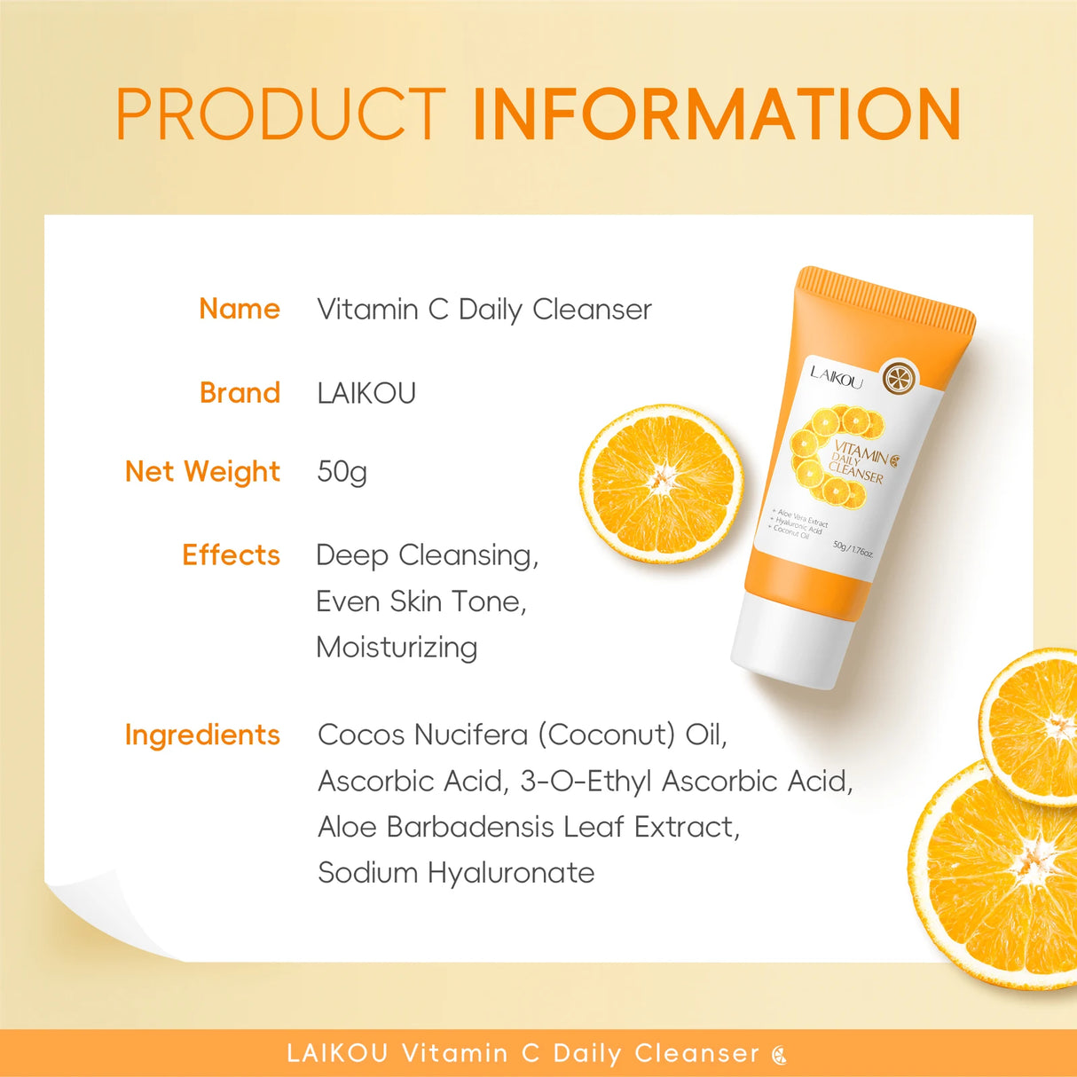 LAIKOU Vitamin C Daily Cleanser Brightening Face Wash Deep Cleansing Moisturizing Skin Tone Even Treatment