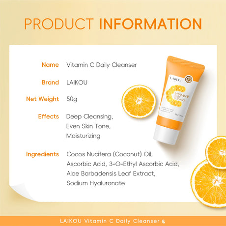 LAIKOU Vitamin C Daily Cleanser Brightening Face Wash Deep Cleansing Moisturizing Skin Tone Even Treatment