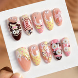 30pcs Japenese Series False Nail Cute Cartoon Monkey Flower Heart Pearl Decor Press On Nails Sweet Ballet French Style Fake Nail