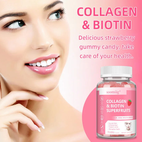 Collagen Gummies with Biotin for Hair Growth,Brightening Skin,Nails,Bones,and Joints-Suitable for Unisex,60 Gummies