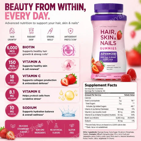 Biotin Gummie Strawberry Flavor with 6000Mcg Biotin & Vitamin Support Healthy Hair Skin and Nails 80pcs Nutritional Supplement