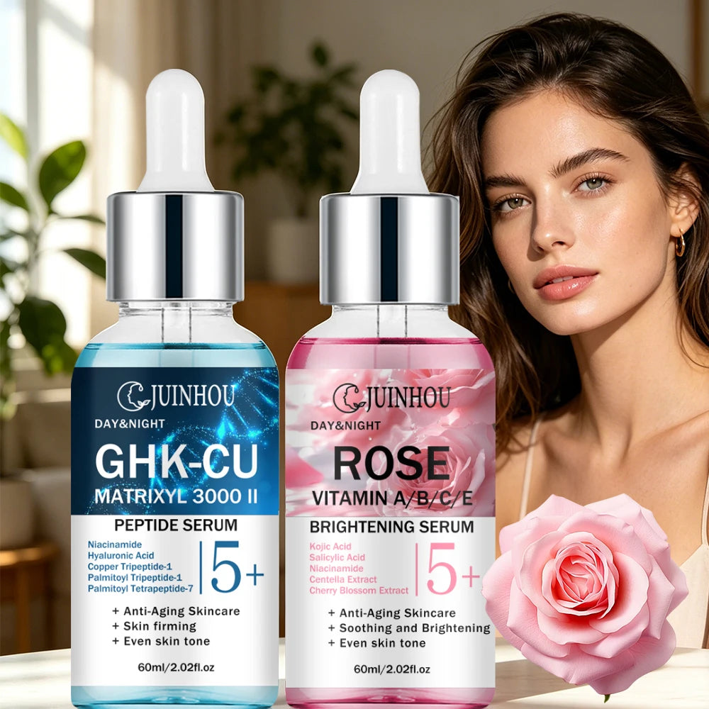 JUINHOU 2pcsCopper Peptide Rose Face Serum Set Hydrating Serum Kit For Fine Line Dry Skin Daily Face Care Brighten Skin All Skin