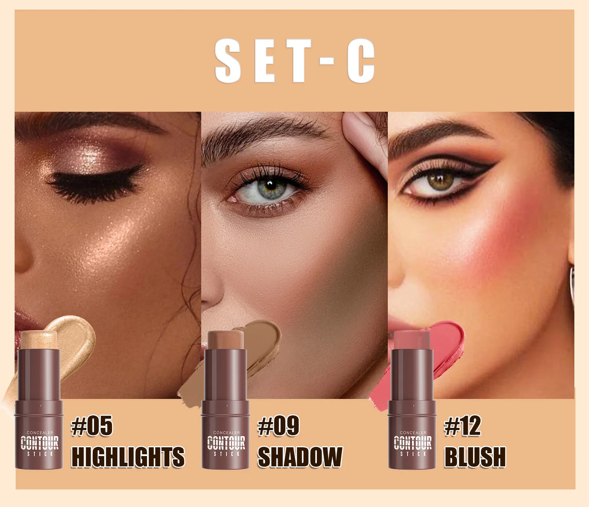4-Piece Contour Stick Set with Highlighter, Blush & Bronzer Plus Golden Powder Brush - Waterproof Cream for All Tones, Shimmery.