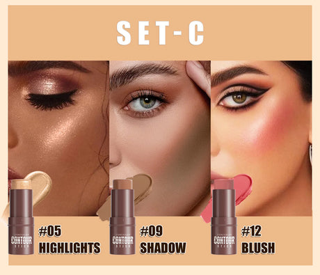 4-Piece Contour Stick Set with Highlighter, Blush & Bronzer Plus Golden Powder Brush - Waterproof Cream for All Tones, Shimmery.