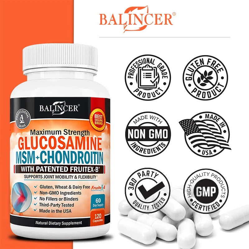 Glucosamine Chondroitin MSM - Joint Support Supplement for Men and Women - Relieve Joint Discomfort, 30/60/120 Capsules, NON-GMO