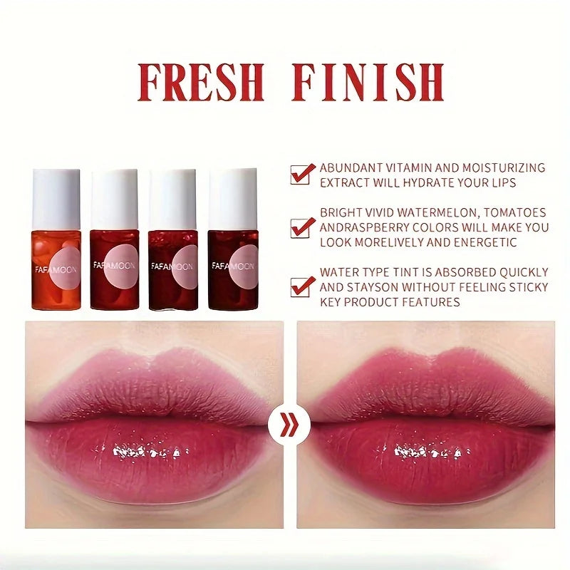 4 Color Fruity Lip Tint Water Gloss Tint, Moisturizing Waterproof Liquid Lipstick, Non-Stick, High Pigment, Long-Lasting Colors