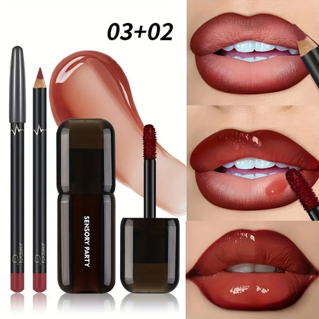 Gradient Lips Set, Lip Liner + Glass Lip Gloss, Mirror Shine Finish, Smooth Blend, Nude Shades, Long-Lasting