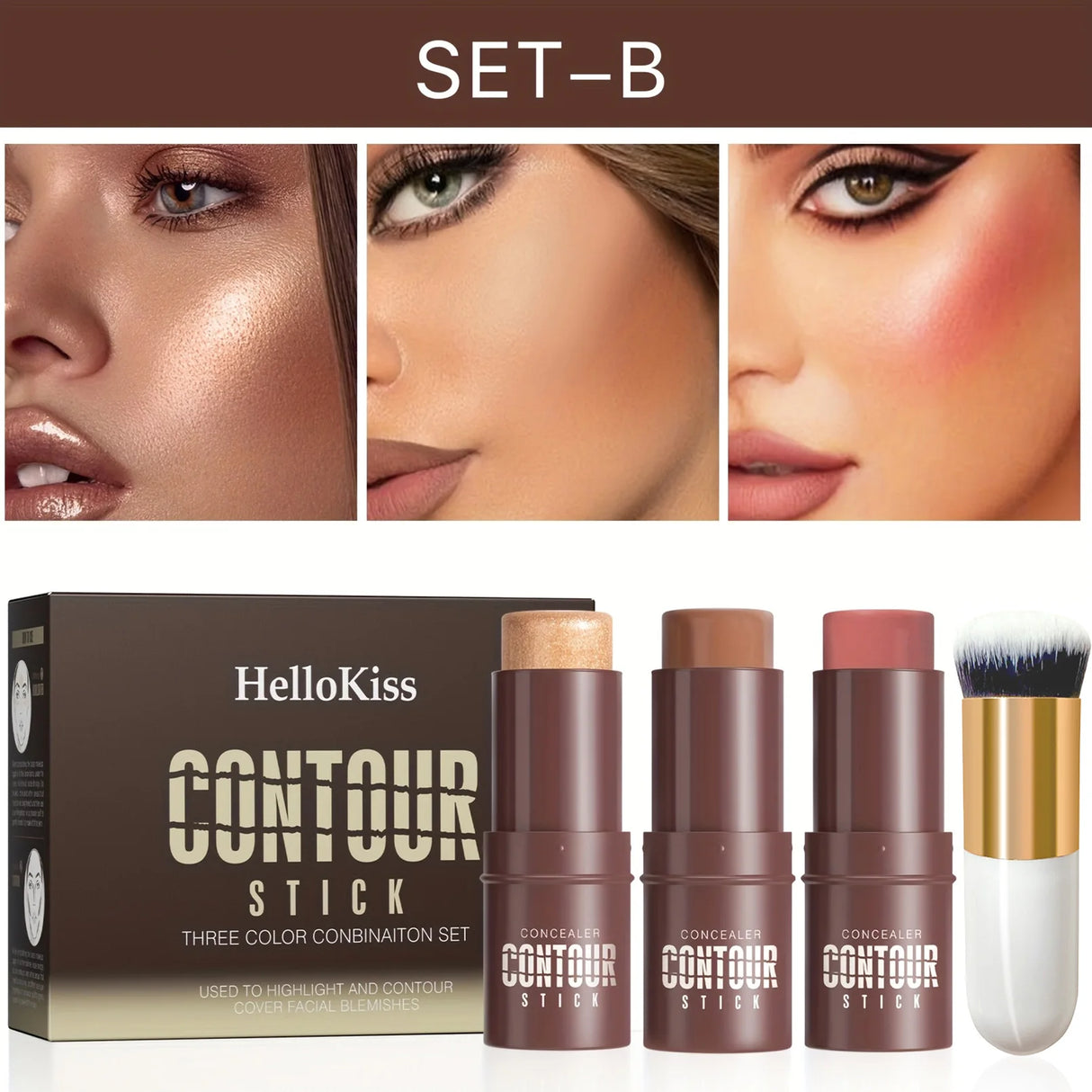 4pcs Contour Stick, Highlighter Stick, Blush Stick 4pcs Cream Contour Kit with Contour Brush, Create Face Contour, Non-greasy