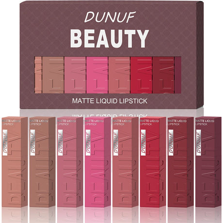 Matte Lip Gloss 8pc/set: Waterproof Lipstick Moisturizing Long Lasting Non-Stick Cup, Nude, Y2K Christmas Valentine's Day Gifts