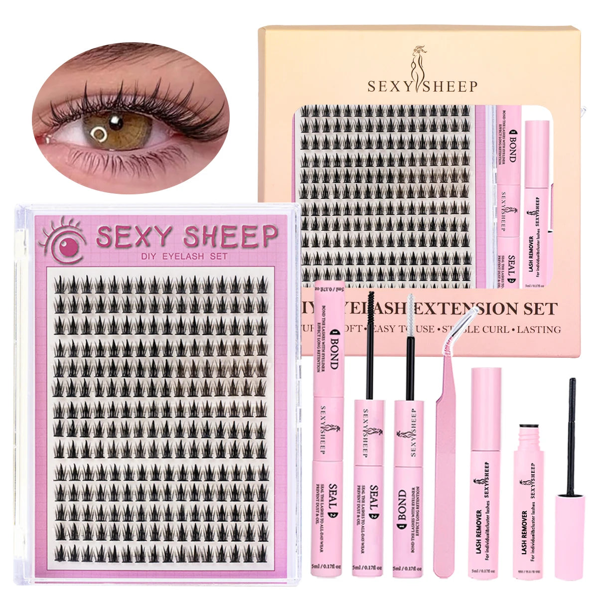 DIY eyelash extension set natural eyelash group set D curl single false eyelash group with bond and seal ,remover,tweezer
