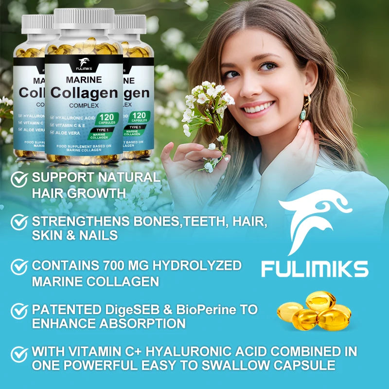Marine Collagen Complex Capsules, Hydrolyzed Peptides for Skin Elasticity, Hair, Nails, Joint & & Bones Health, Glowing Beauty