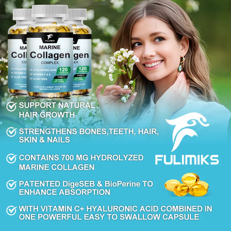Marine Collagen Complex Capsules, Hydrolyzed Peptides for Skin Elasticity, Hair, Nails, Joint & & Bones Health, Glowing Beauty