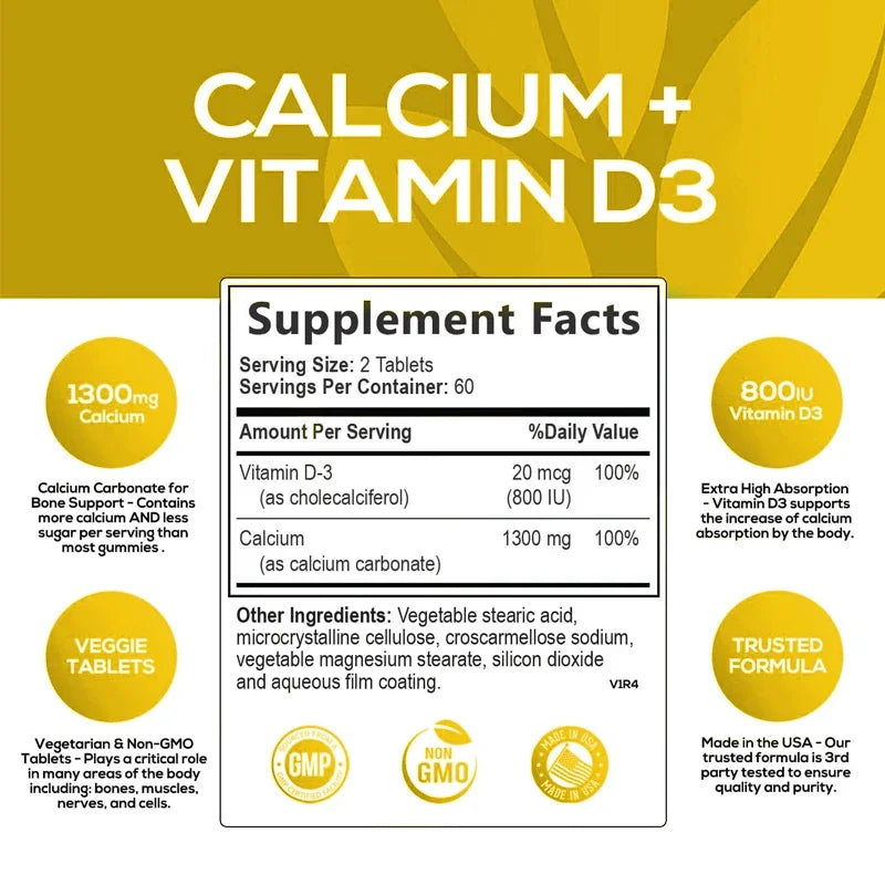 Calcium + Vitamin D3, Promotes Bone Health and Immune Support, Enhances Carbonate Absorption, Dietary Supplement