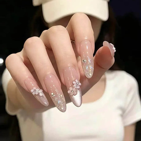 24pcs Cat's Eye Round Head Fake Nail with Mid-length Almond Deisgn Flower Pearl Stick on Nails Full Cover Detachable False Nail