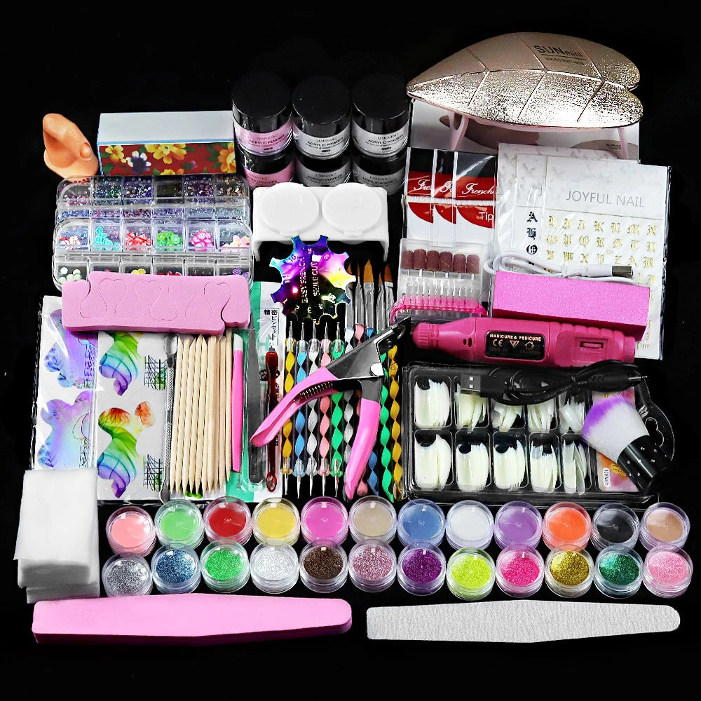 Nail Acrylic Kit 12 Color Glitter Acrylic Powder 3D Nail Art Engraving Extended Mold Crystal Powder Nail Art Tool Kit