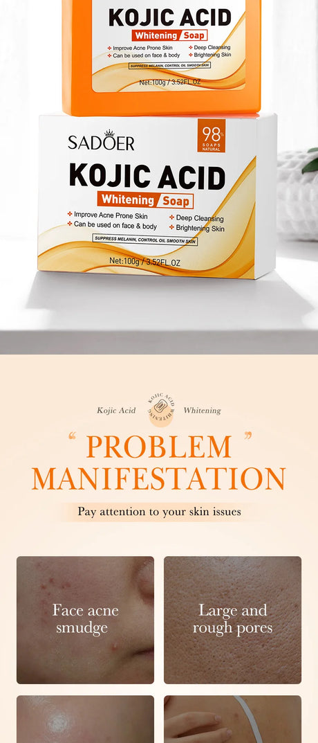 SADOER 100g Kojic Acid Whitening Soap, Handmade Bath Soap, Body Cleansing Antimicrobial Moisturizing and Disinfection Sope