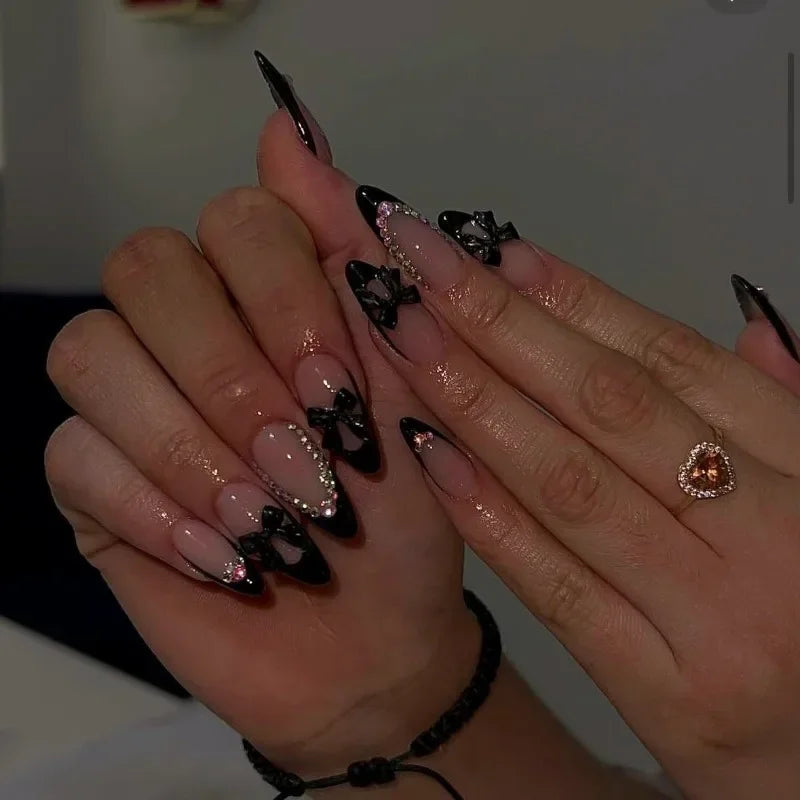 24Pcs Almond Blush Press On Nails Sweet Heart Diamond Cute Bow European American Style Self Adhesive Reusable False Nails For Women Girls Daily Party Manicure Supply
