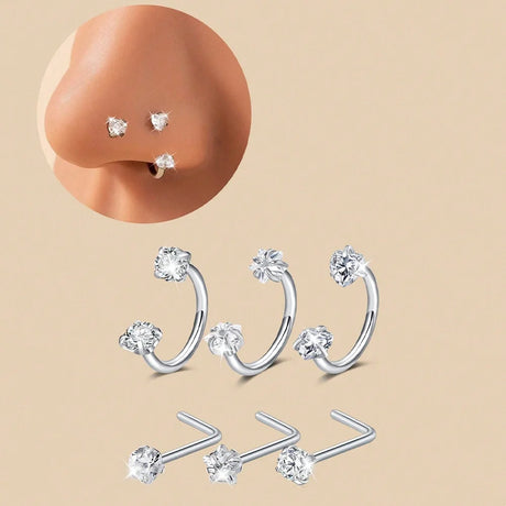 6/2pcs Horseshoe Nose Rings With L-Shape Nose Stud, Stainless Steel Rianbow CZ Nose Ring,, Lip Eyebrow Helix Ear Piercing