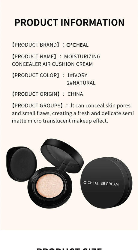OCHEAL BB Cream Air Cushion Full Coverage Waterproof Long-lasting Concealer Cushion Compact Face Makeup Foundation CC Cream
