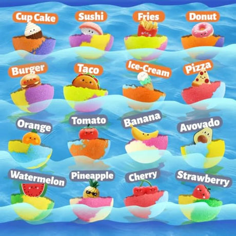 Zippytots Bath Bombs with Food Toys Inside, 16 Pack Colorful Surprise Bath Fizzies Set, Organic Fizzy Bubble Bath Bombs for Gir
