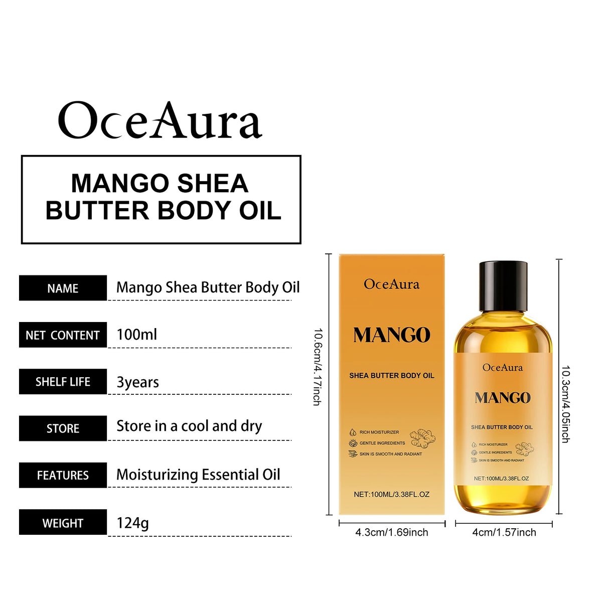 Mango Shea Butter Body Oil Soften Rough Skin Improve Skin Condition Long-Lasting Hydration Fresh Fragrance SPA Massage Skin Oil
