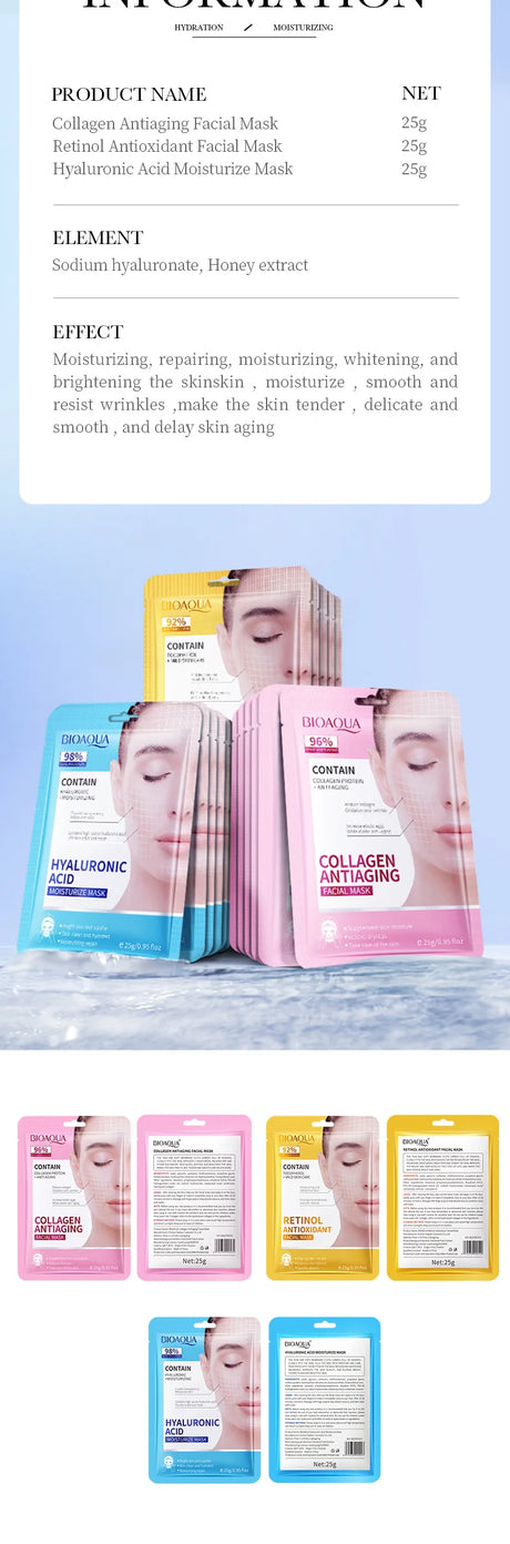 15pcs BIOAQUA Retinol Collagen Facial Masks Firming Moisturizing Nourishing Hydrating Face Mask Facial Skin Care Products