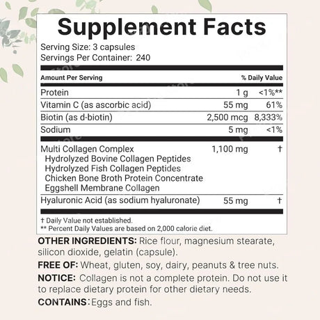 Multi Collagen Capsules 240ct Type I II III V X with Biotin Hyaluronic Acid Vitamin C Hydrolyzed Protein Supplement