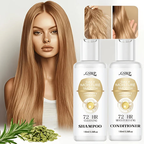 GSWP 72-Hour Moisturising Shampoo and Conditioner Set, enriched with keratin for deep hydration, Ideal as a gift. 100ml + 100ml