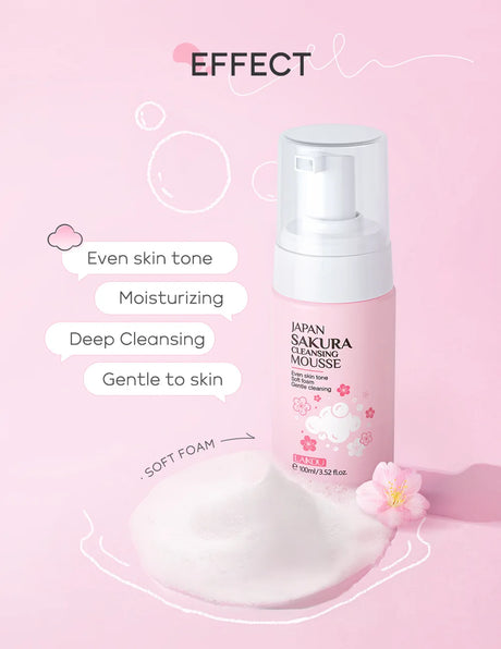 LAlKOU Japan Sakura Cleansing Mousse Facial Cleanser  Shrink Pores Deep Clean Oil Control Moisturizing Skin Care 100ml