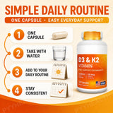 D3 K2 MK-7 Vitamin Supplement Capsules with Magnesium Zinc B6 and MCT Powder, 120 Count, Adult Daily Wellness Support