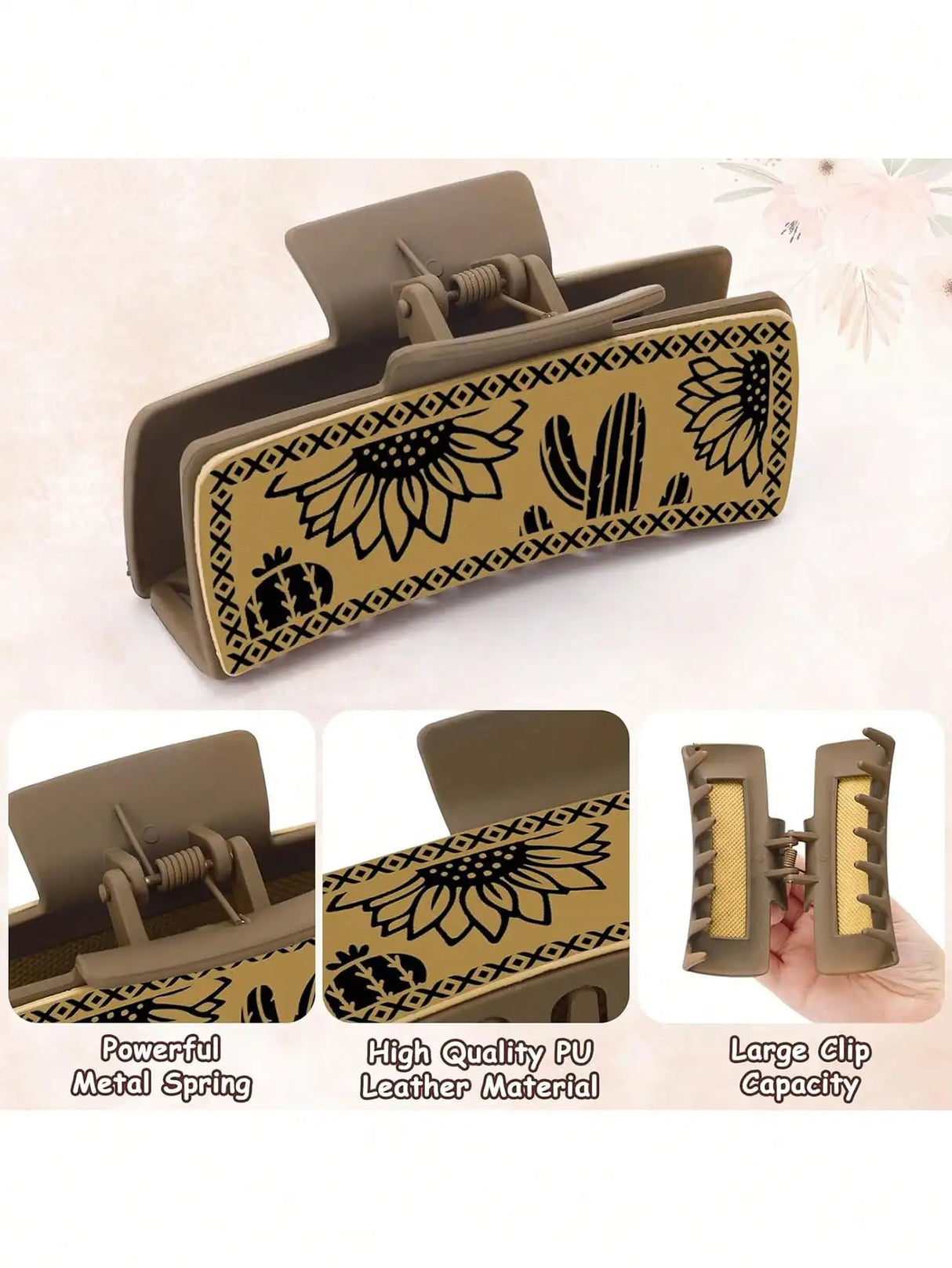 Western Leather Hair Claw Clips Sunflower Floral Square Claw Clips for Hairstyling Southwest Cow Print Cowhide Hair Accessories