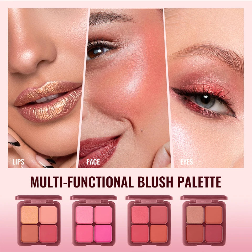 4 Shades Blush Palette Matte & Shimmer Two Textures Rich Pigment Long-wear Soft Blur Finishing Compact Blush Daily Cheek Makeup