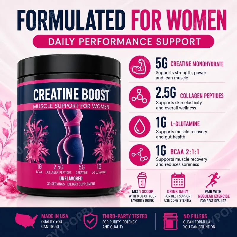 Creatine for Women Booty Builder Supplement with Collagen & BCAA Supports Muscle Development Post-Workout Recovery Elasticity