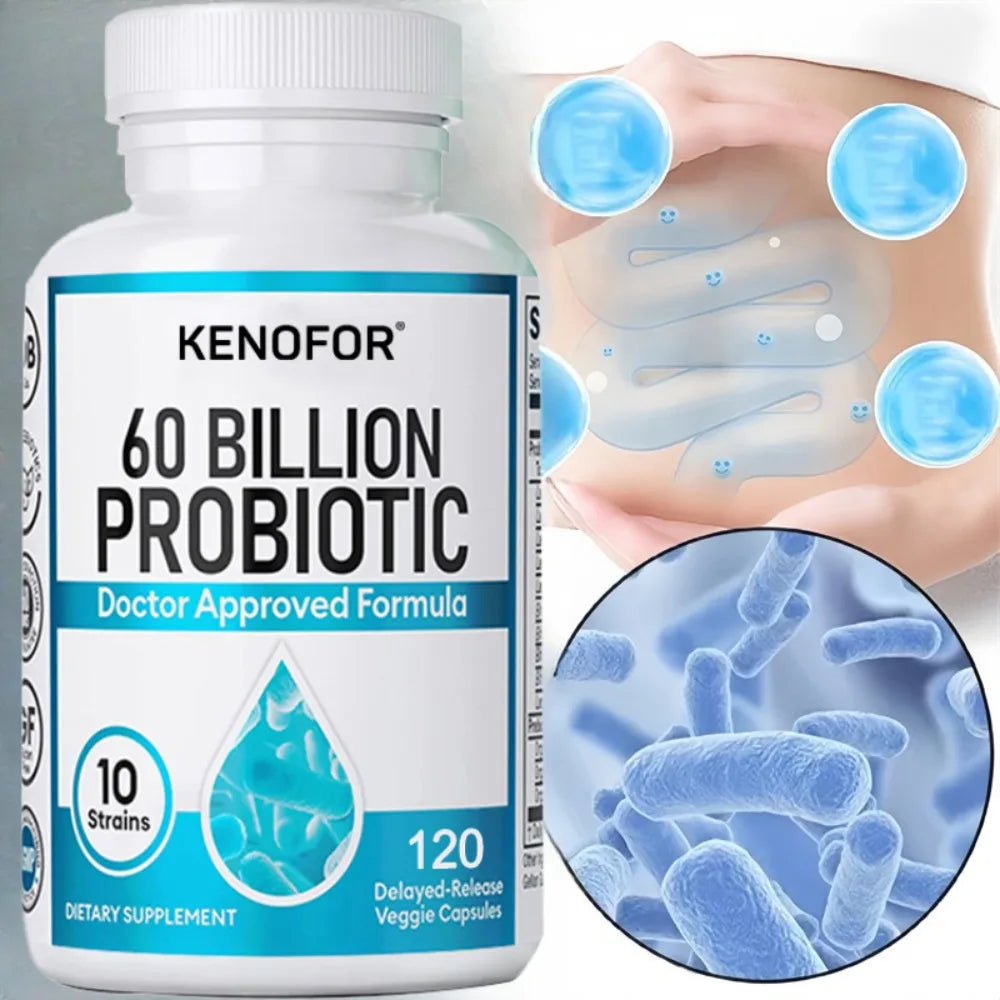 60 Billion CFU Probiotic Capsules with 10 Strains and Organic Prebiotic Fiber, Daily Digestive Wellness Supplement, 120 Count