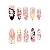 30pcs Japenese Series False Nail Cute Cartoon Monkey Flower Heart Pearl Decor Press On Nails Sweet Ballet French Style Fake Nail