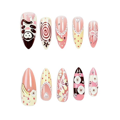 30pcs Japenese Series False Nail Cute Cartoon Monkey Flower Heart Pearl Decor Press On Nails Sweet Ballet French Style Fake Nail