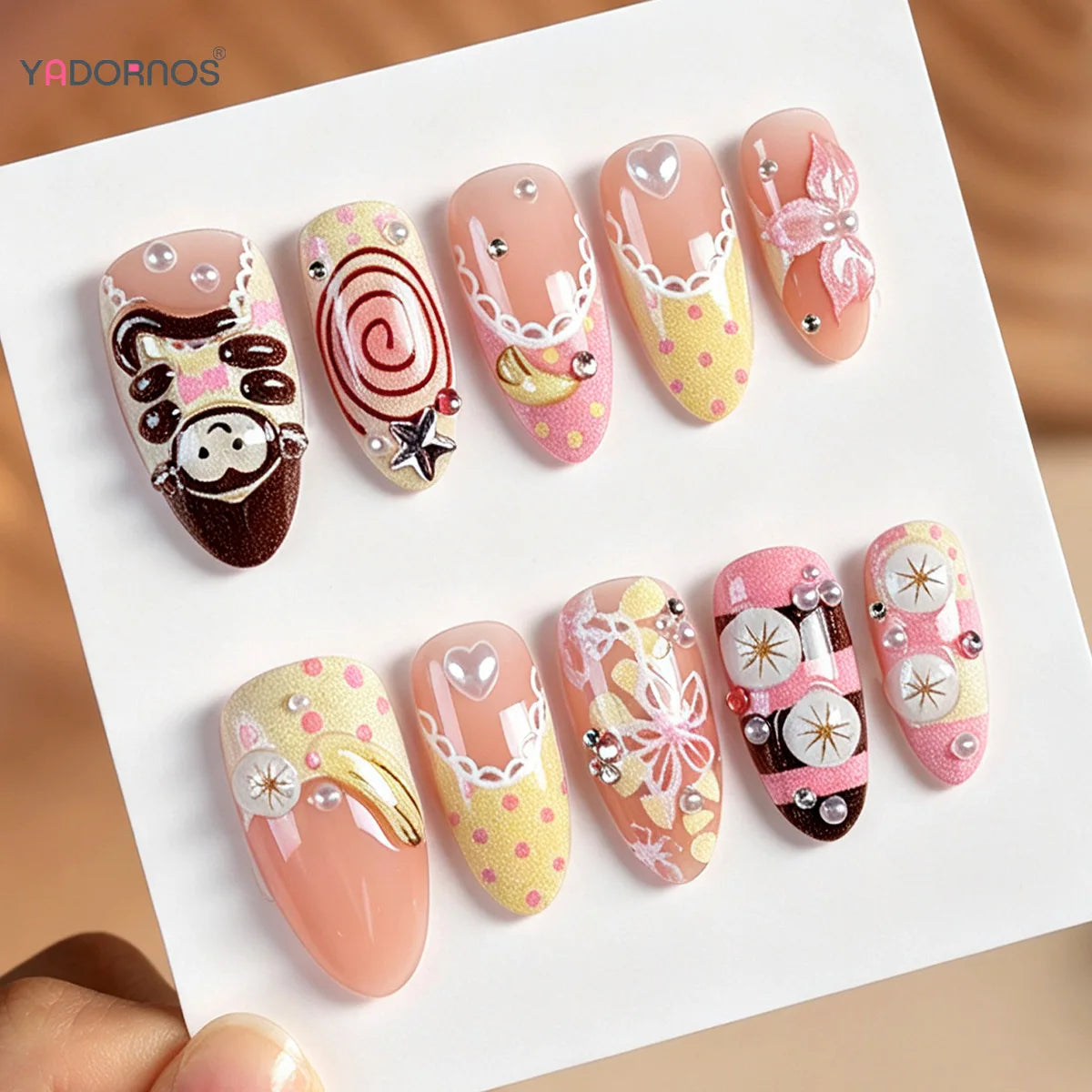 30pcs Japenese Series False Nail Cute Cartoon Monkey Flower Heart Pearl Decor Press On Nails Sweet Ballet French Style Fake Nail